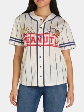 Peanuts Cream & Blue Pinstripe Baseball Tee with Red Logo